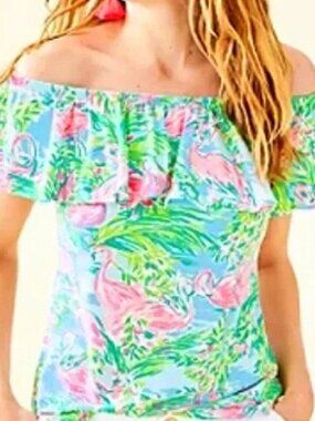 Lilly Pulitzer Flamingo Print Off-Shoulder Top Pink Blue Size S